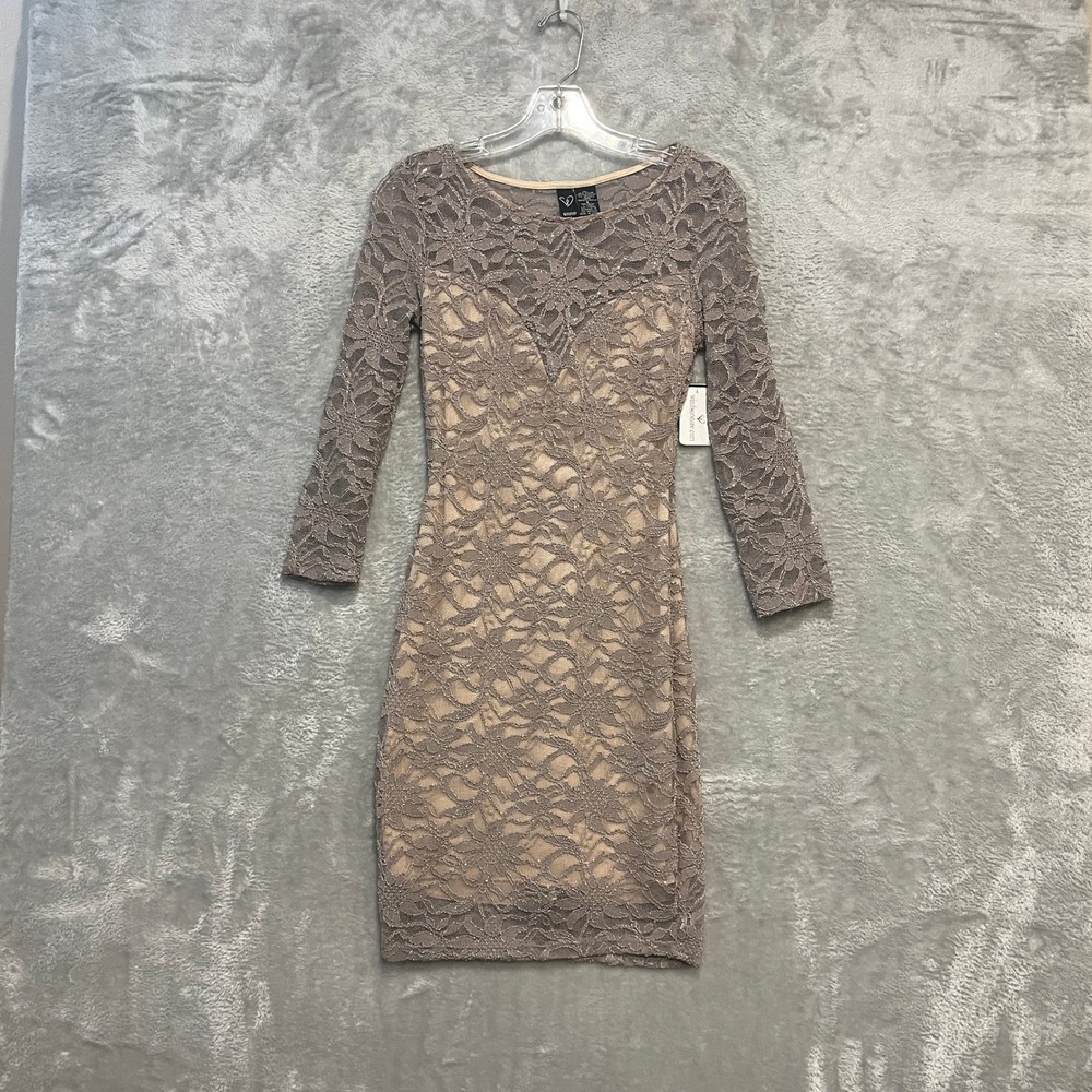 Windsor Lace Bodycon Dress Womens S Taupe Glitter Long Sleeve Mini DJH-1714WS